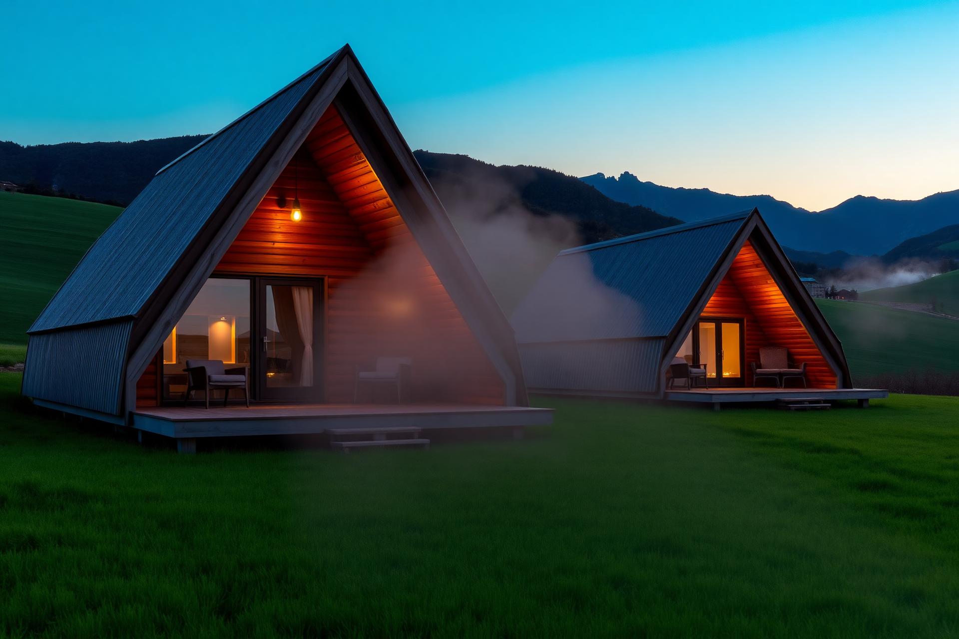 A-frame chalets at golden hour in interior Portugal